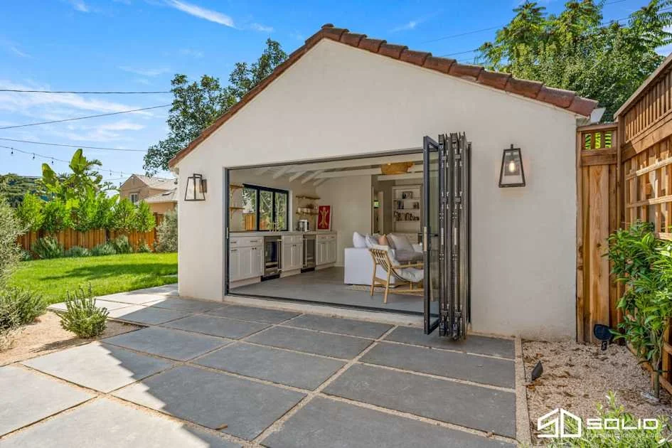 A garage being converted into an ADU