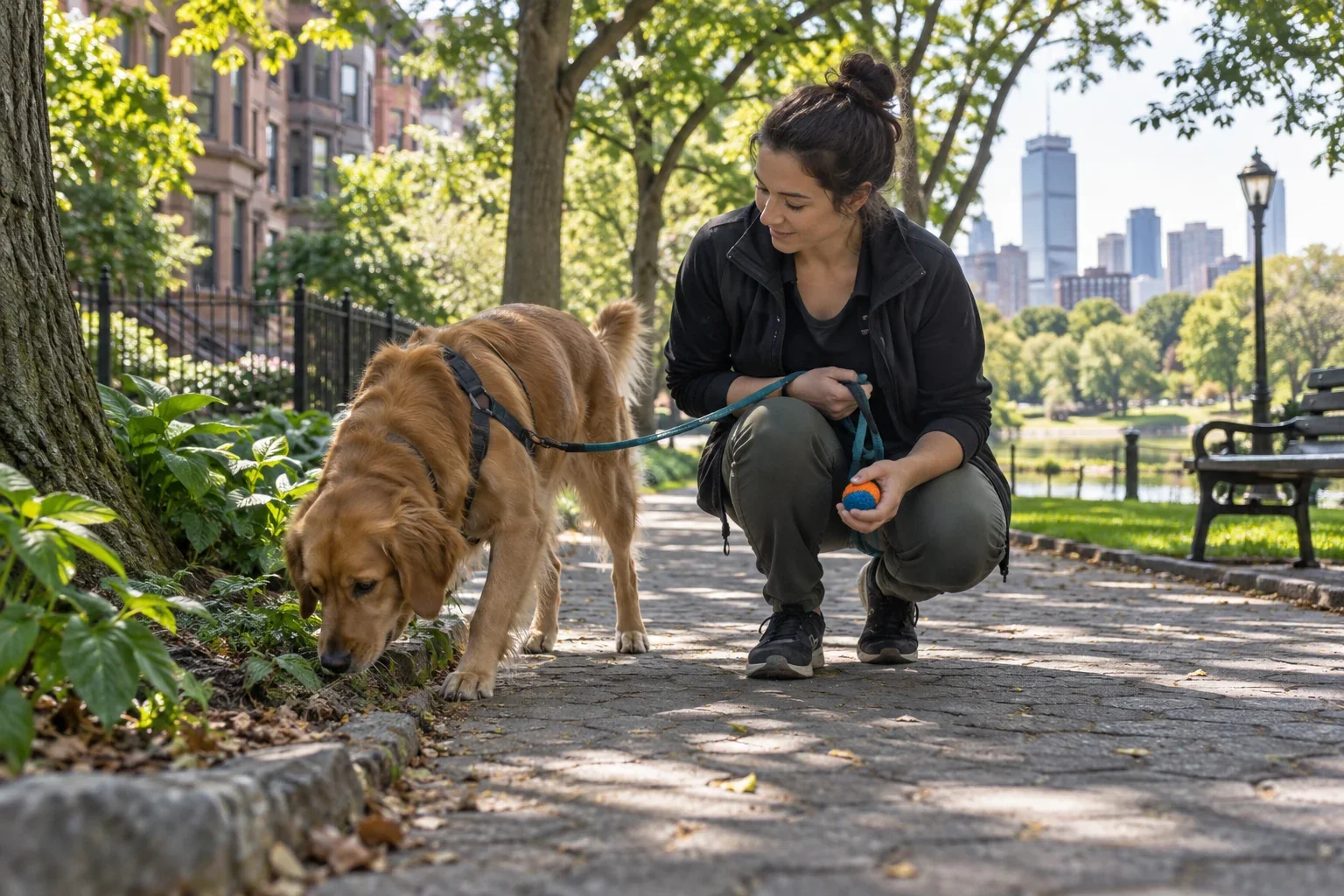 A leashed dog exploring scents with its handler on a shaded park path for Park Play near me in Fenway, MA.