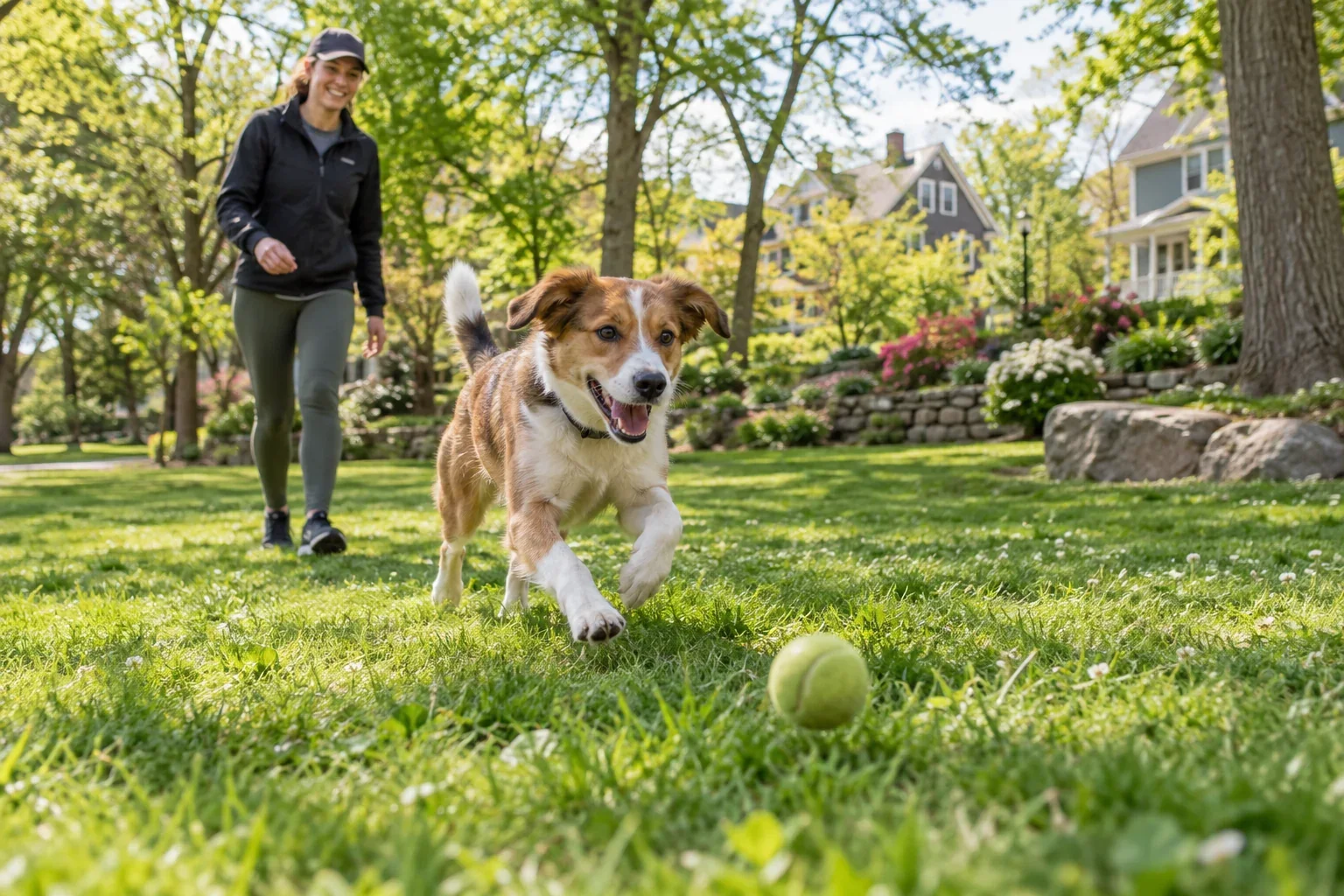 A playful dog running toward a ball with a handler in a tree-lined park for Park Play in Roslindale, MA.