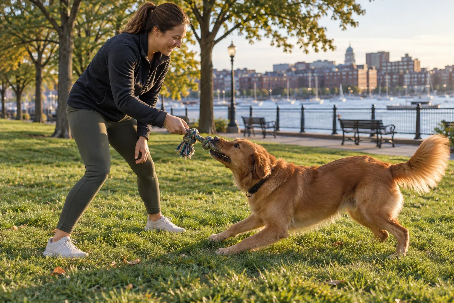 A dog engaging in a supervised tug game with its handler on a waterfront lawn for Park Play near me in South Boston, MA.