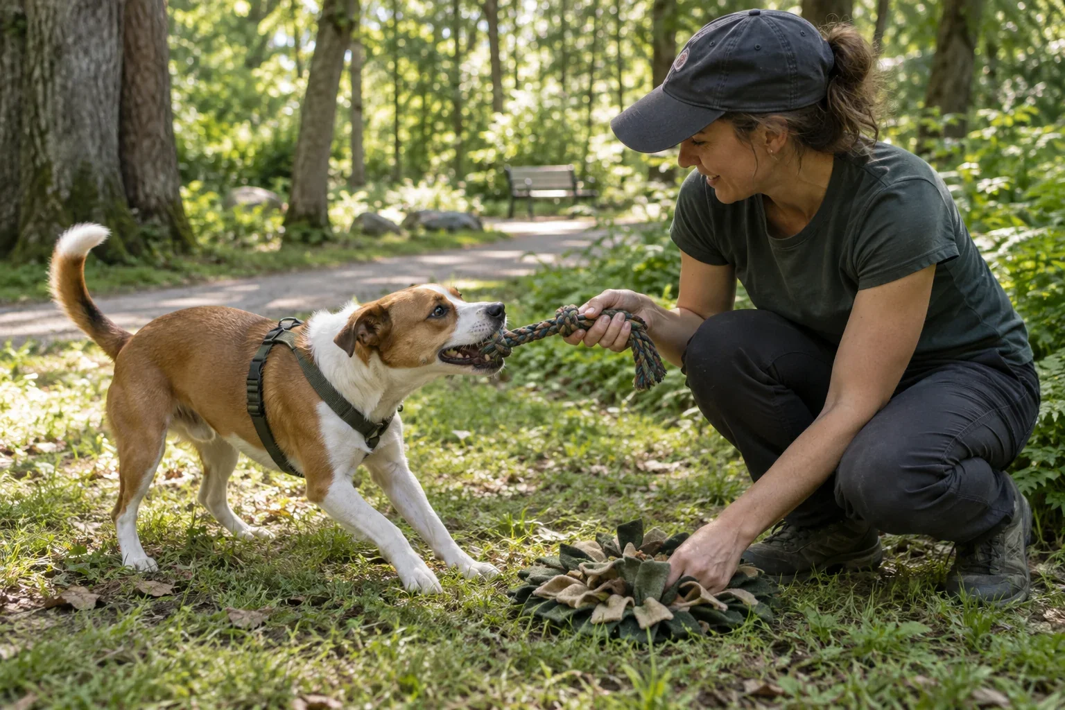 A dog enjoying a gentle tug and scent game with its handler in a wooded park for Park Play near me in Roslindale, MA.