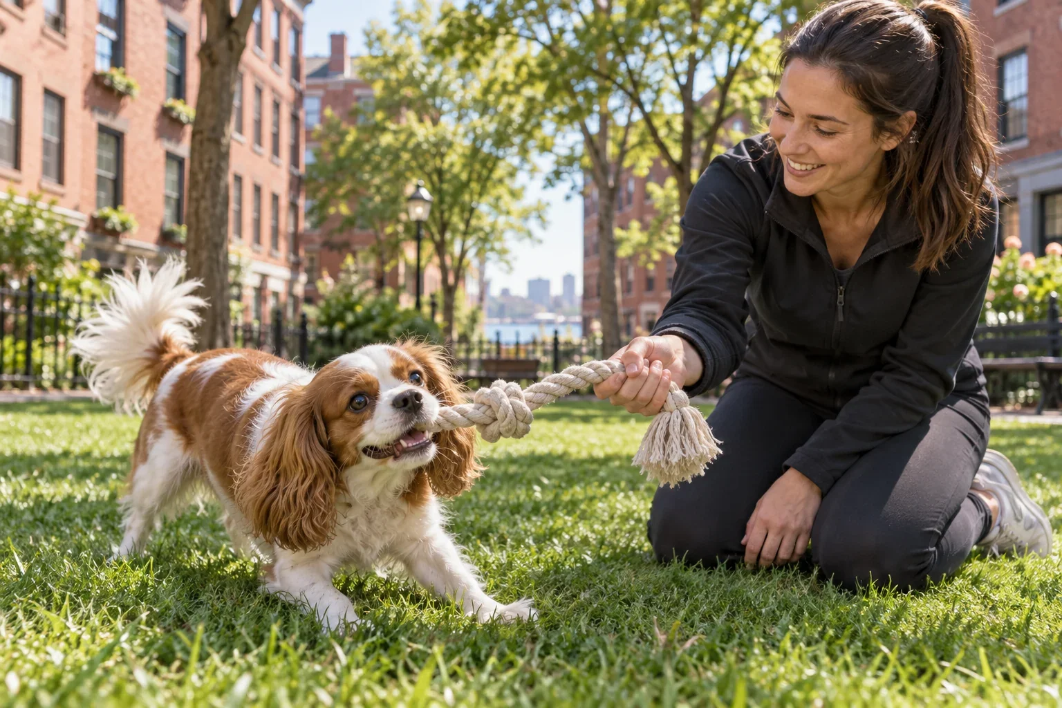 A small dog enjoying supervised toy play with a handler in a historic neighborhood park for Park Play in North End, MA.