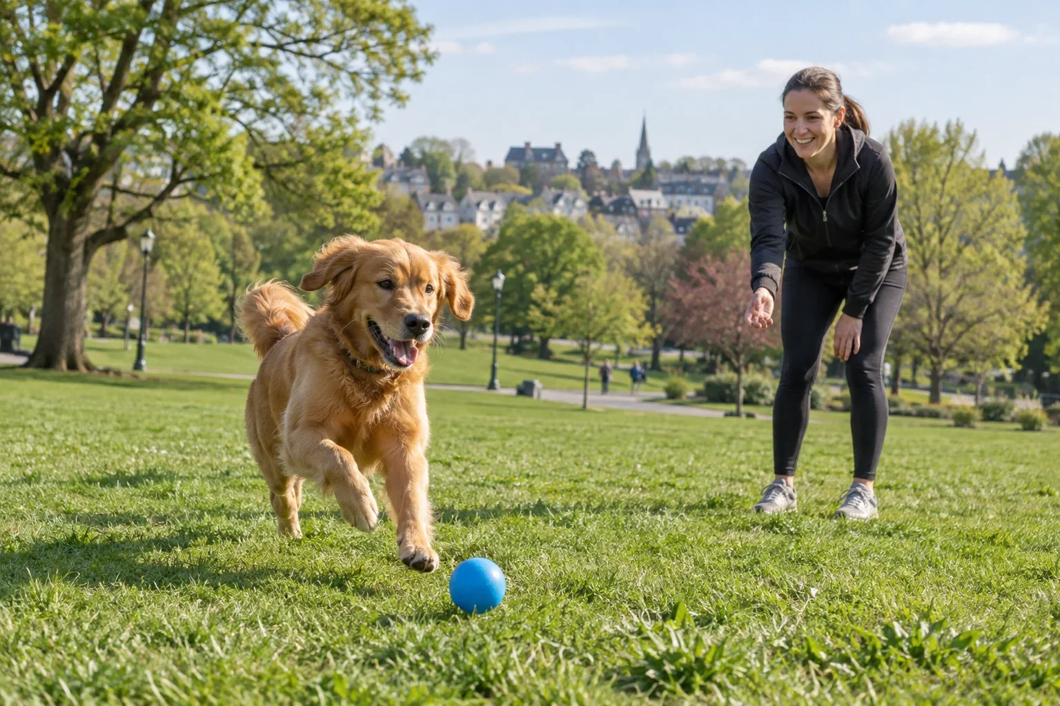 A cheerful dog playing ball with a handler on a spacious neighborhood lawn for Park Play in Brighton, MA.