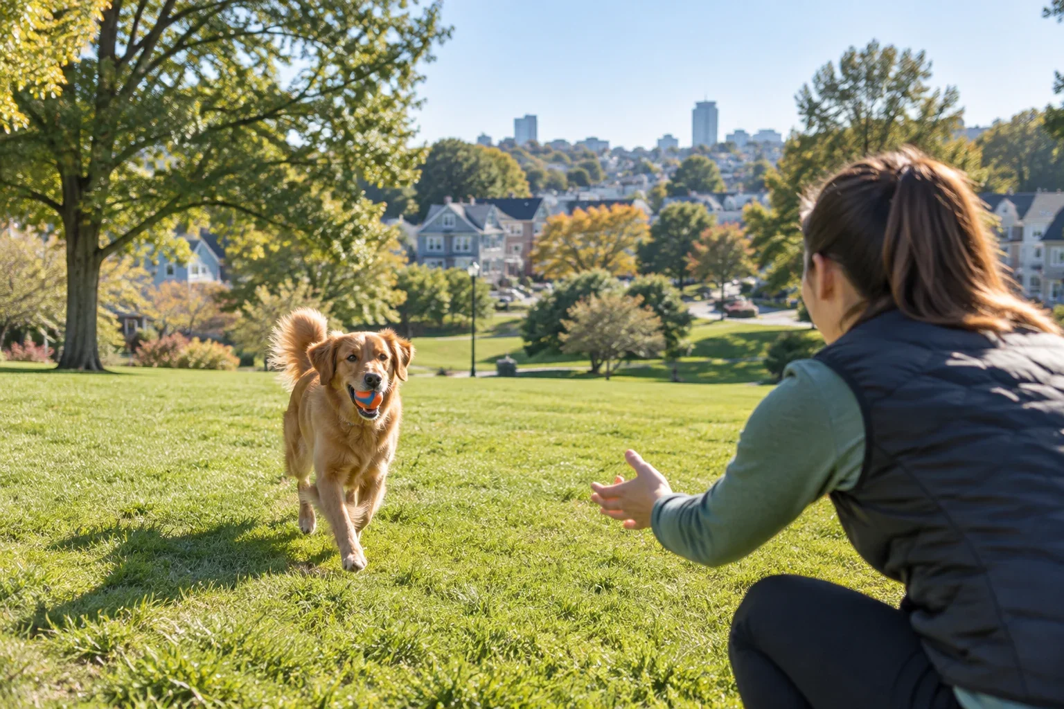 A happy dog returning a ball to its handler in a broad neighborhood park for Park Play in Dorchester, MA.