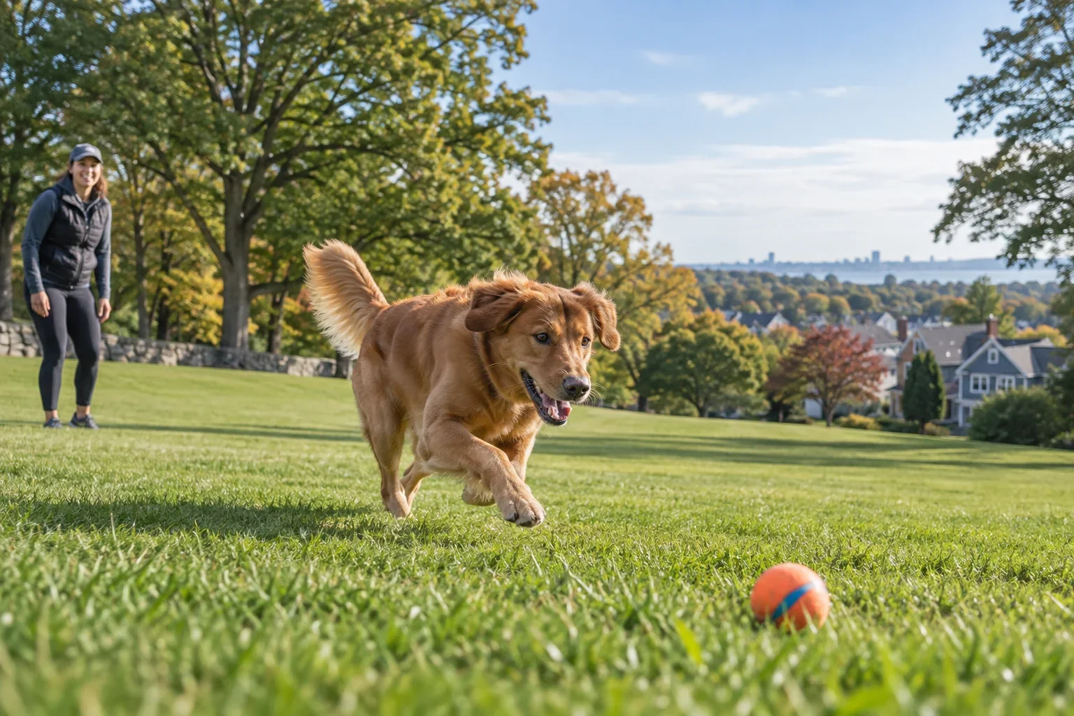 An athletic dog enjoying supervised fetch across a spacious green field for Park Play in West Roxbury, MA.