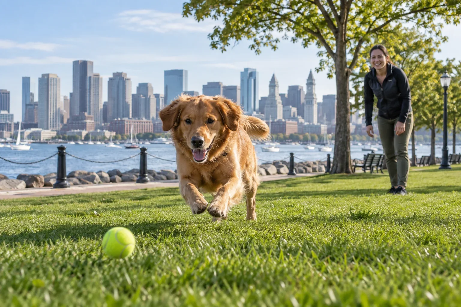 A dog chasing a ball with its handler in a waterfront park overlooking Boston for Park Play in East Boston, MA.