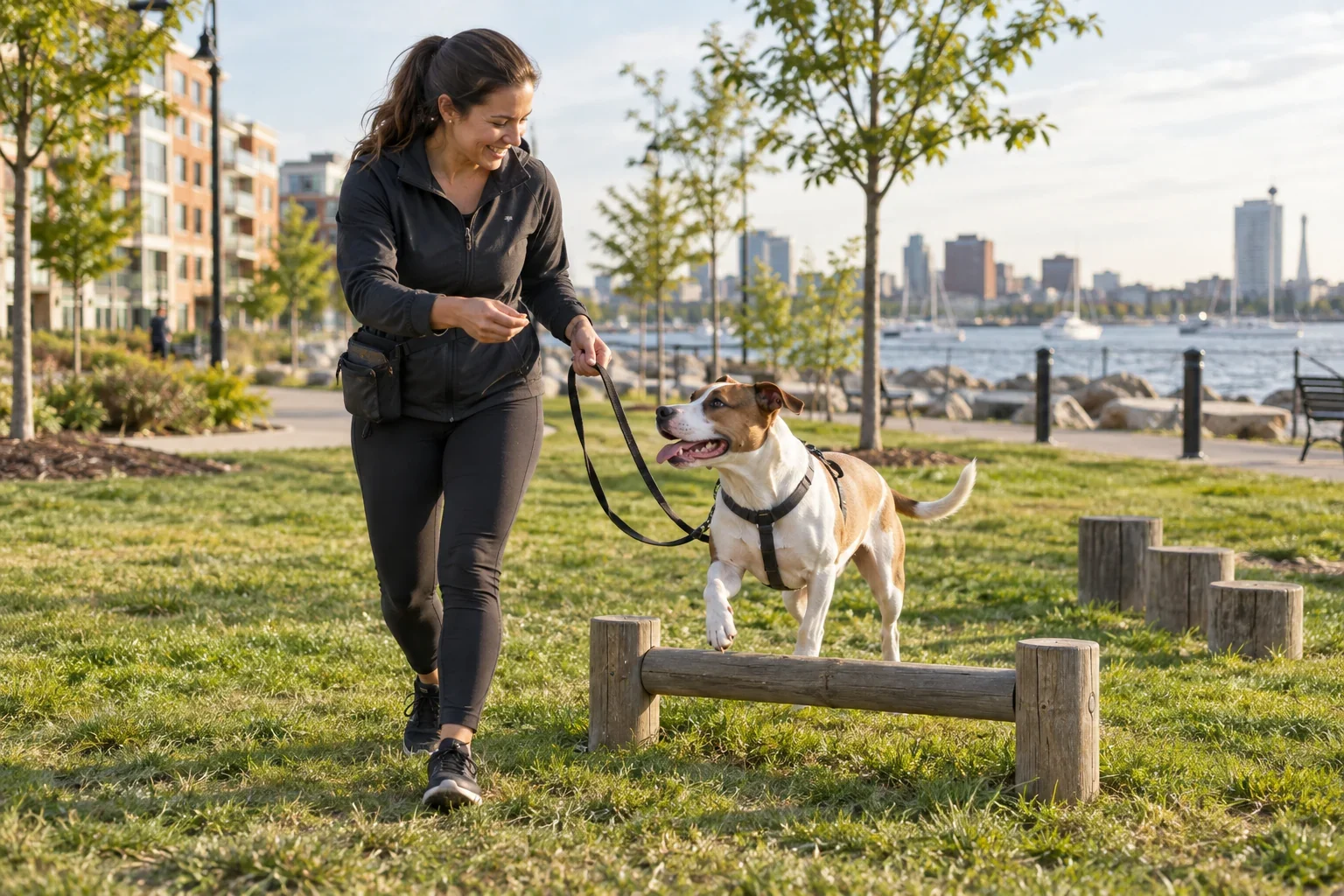 A leashed dog completing a low enrichment obstacle with its handler in a waterfront park for Park Play near me in East Boston, MA.
