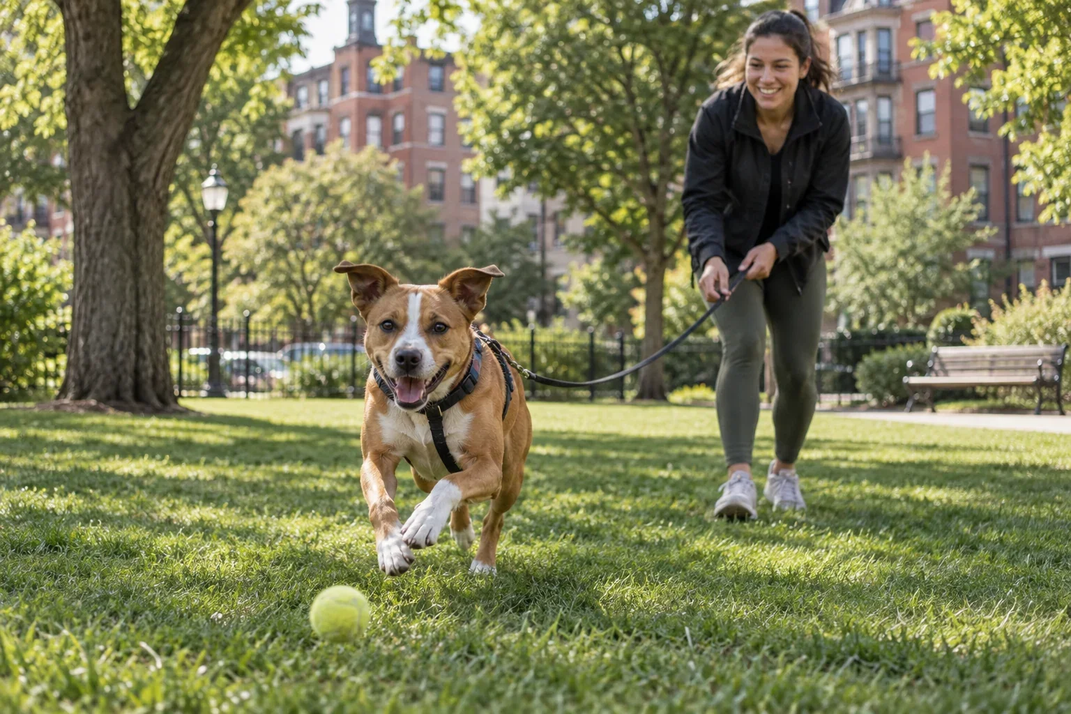 A joyful dog playing fetch with an attentive handler on a green city park lawn for Park Play in Fenway, MA.