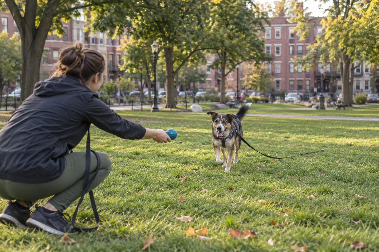 A dog practicing structured recall on a long lead with an attentive handler for Park Play near me in Allston, MA.