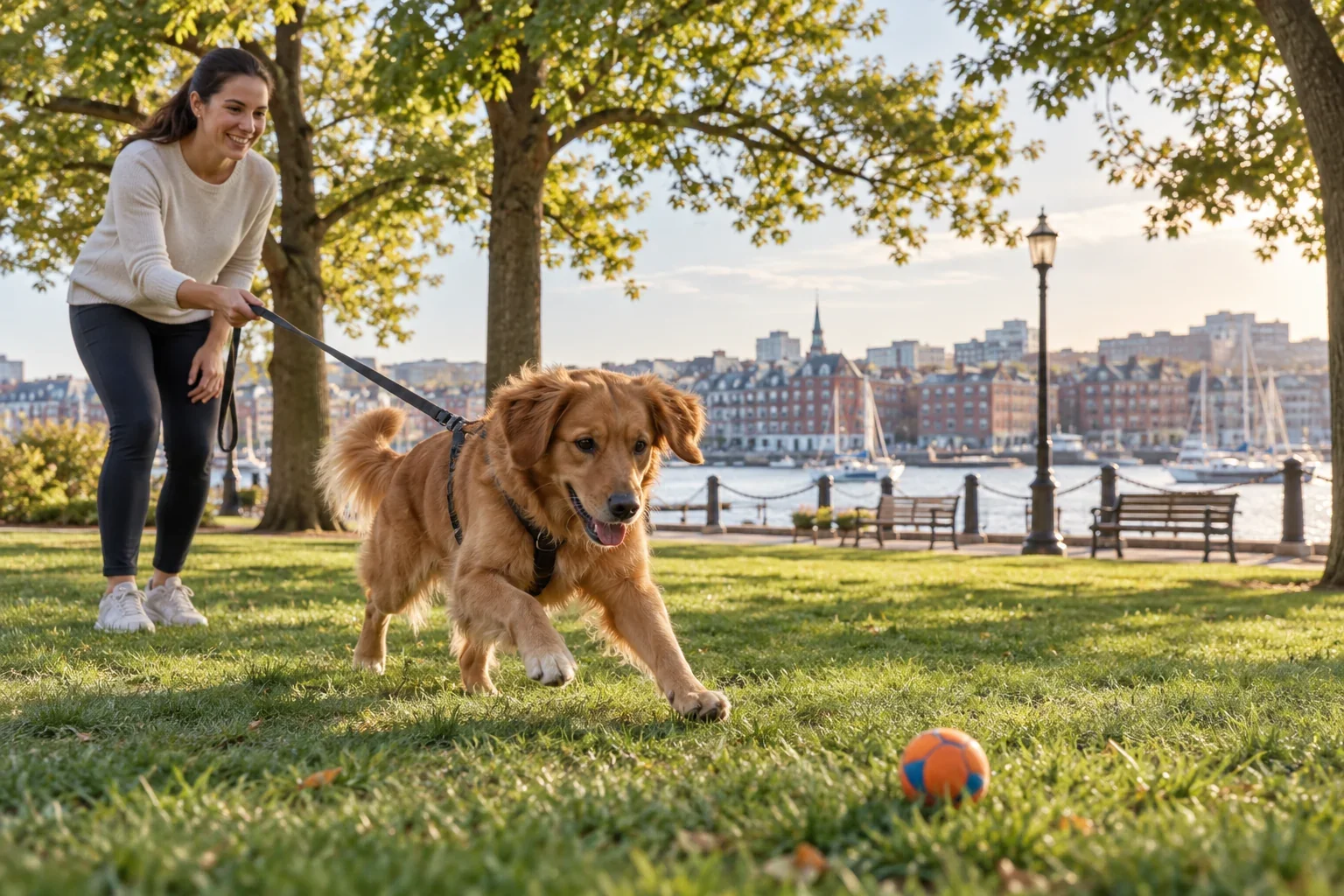 A leashed dog practicing playful movement with a handler near a waterfront park for Park Play near me in North End, MA.