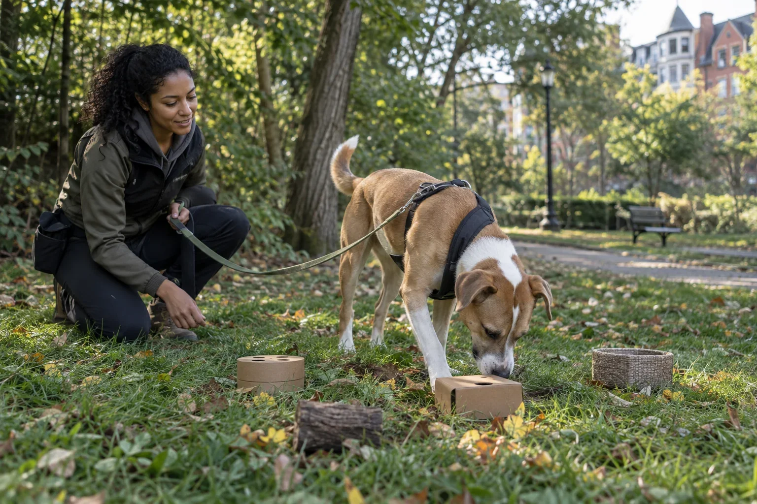 A dog searching enrichment objects with its handler along a shaded park edge for Park Play near me in Dorchester, MA.