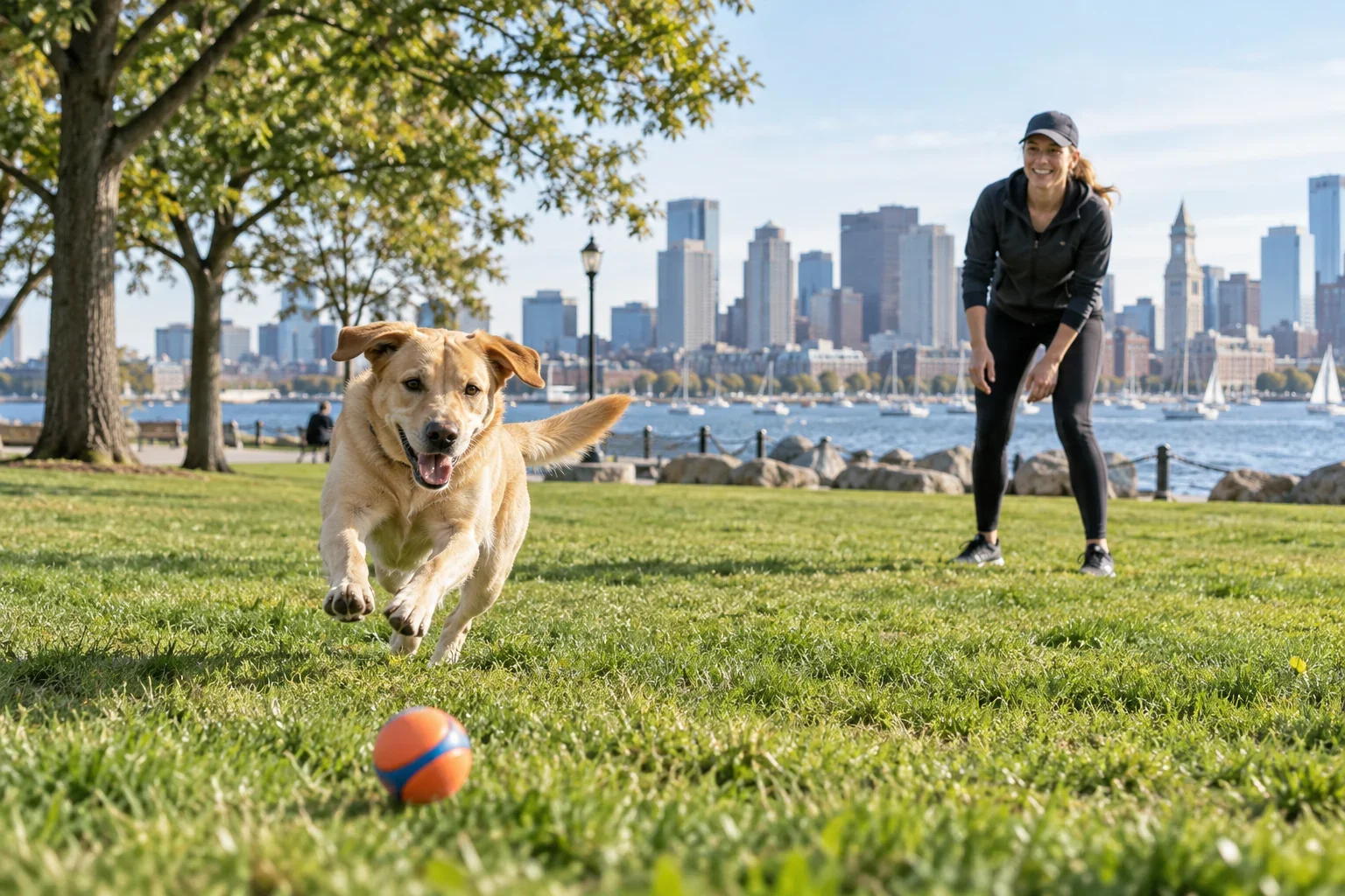 An athletic dog chasing a ball during supervised play on a waterfront lawn for Park Play in South Boston, MA.