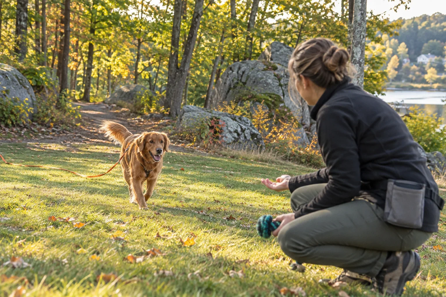 A dog practicing recall and reward-based play with its handler near a wooded trail for Park Play near me in West Roxbury, MA.