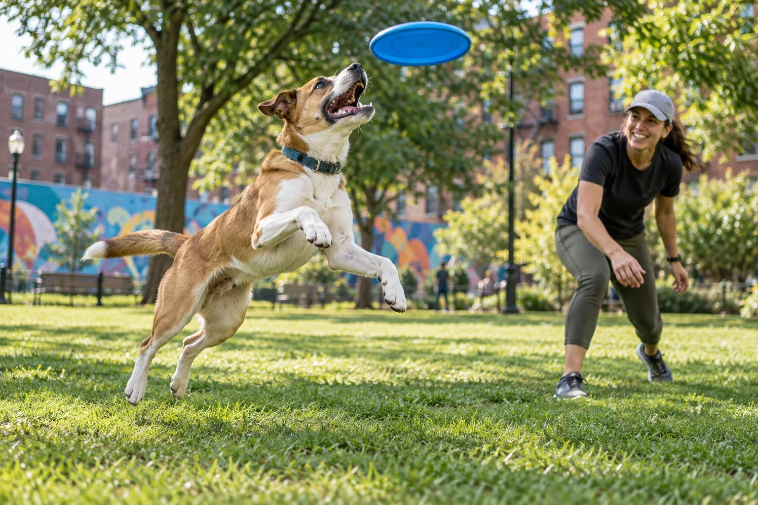 A dog leaping for a flying disc during supervised play in an urban park for Park Play in Allston, MA.