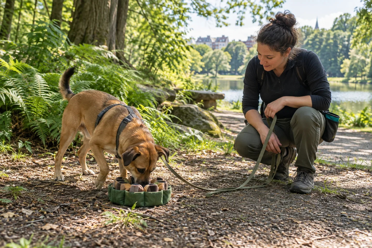 A dog participating in a scent-enrichment game with its handler beside a wooded path for Park Play near me in Jamaica Plain, MA.