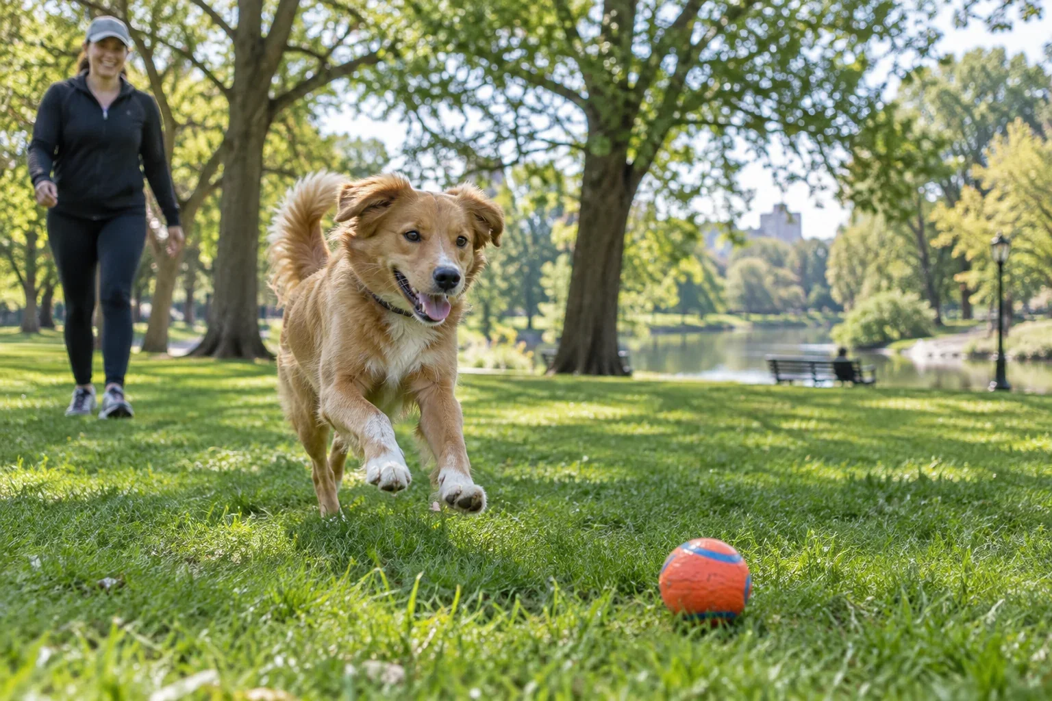 A playful dog running toward a ball with its handler in a leafy park for Park Play in Jamaica Plain, MA.