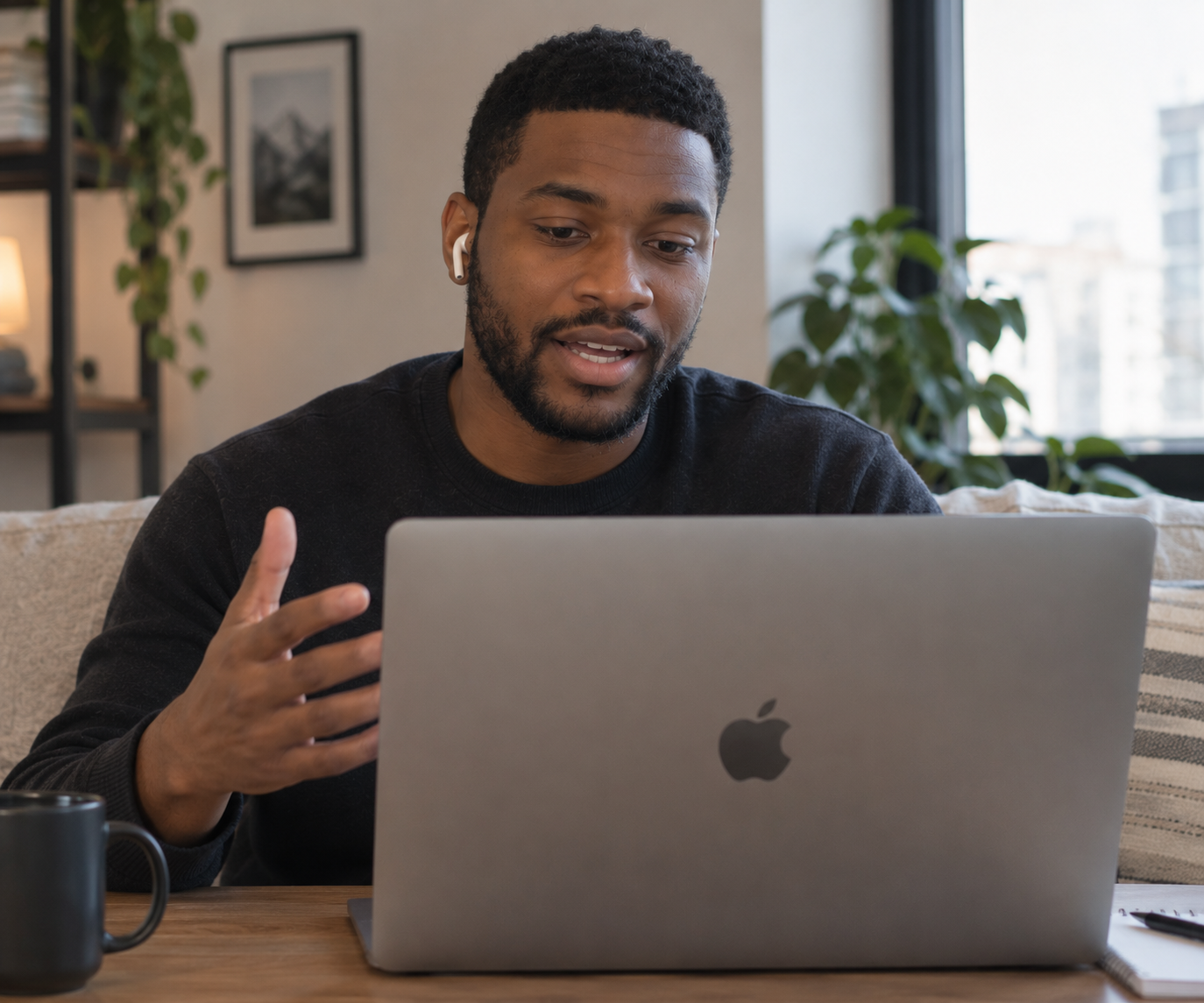 Man wearing an earbud talking during an online individual therapy session on his laptop