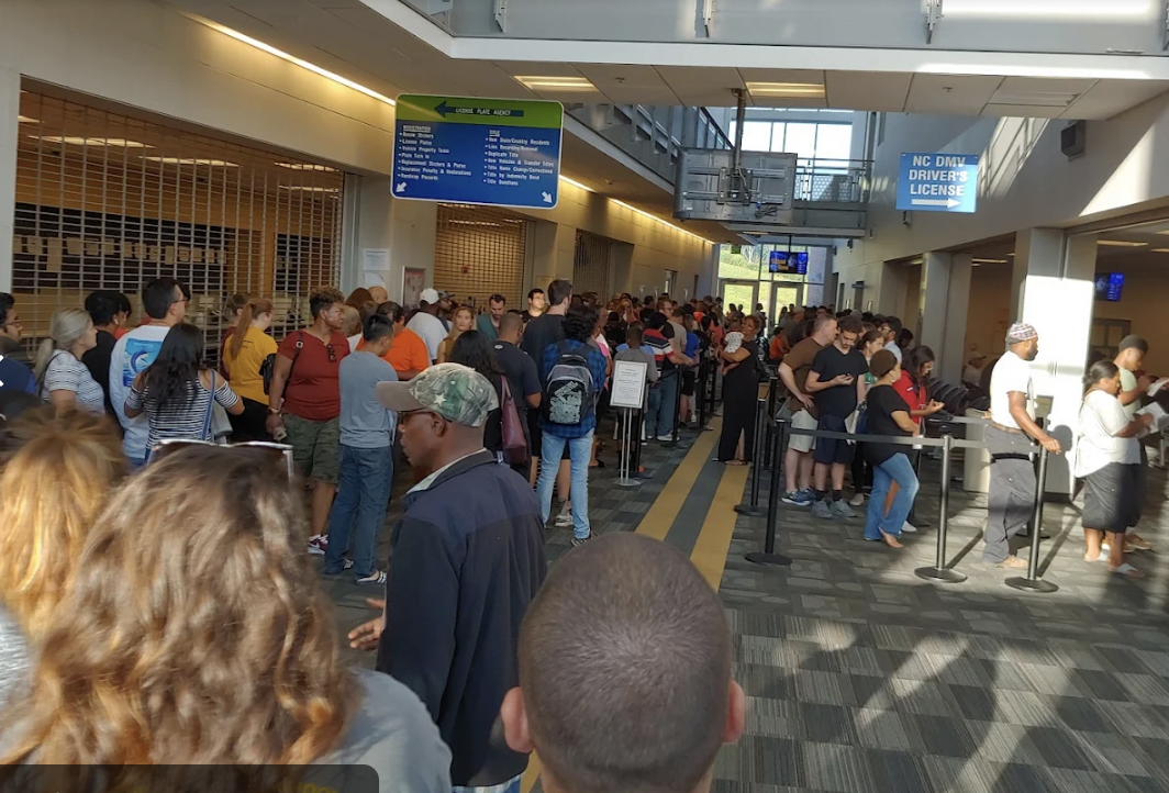 Line outside Mt Holly-Huntersville Road DMV in 2025