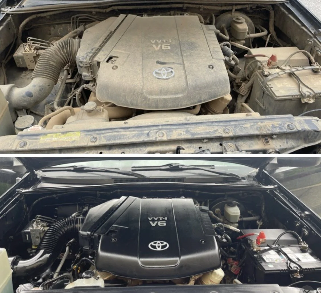 Engine bay detail before and after