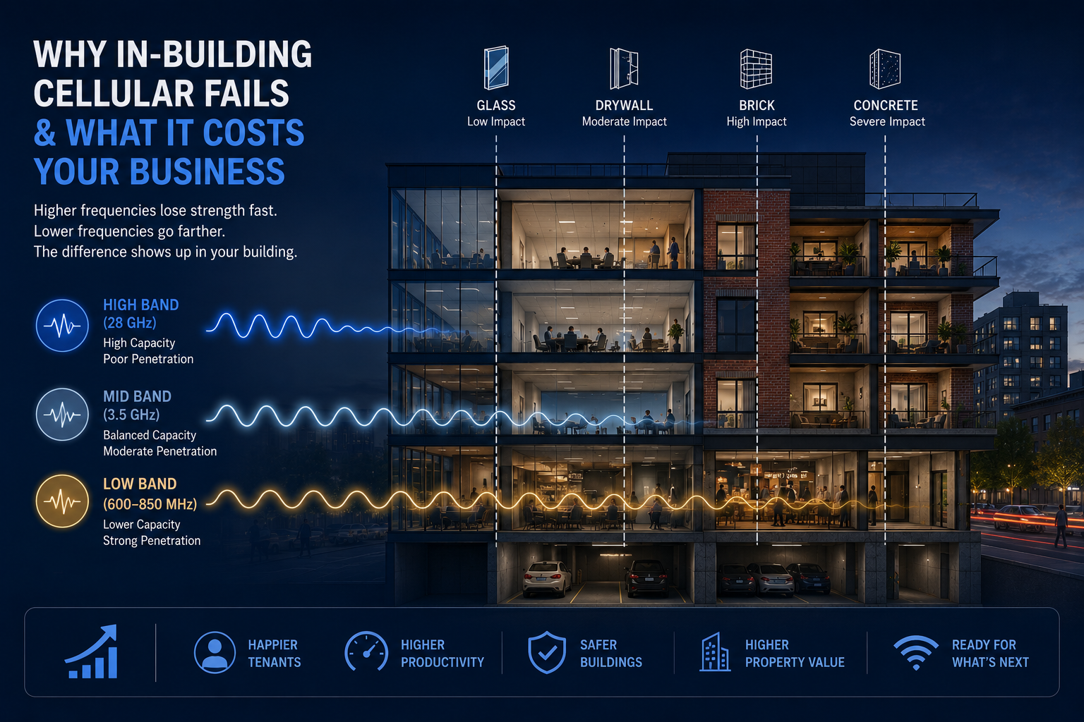 Illustration showing how glass, drywall, brick, and concrete affect in-building cellular signal penetration across low-band, mid-band, and high-band frequencies.