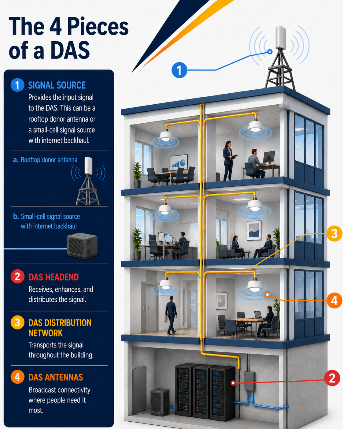 Building cutaway showing the four pieces of a DAS: signal source, headend, distribution network, and antennas.