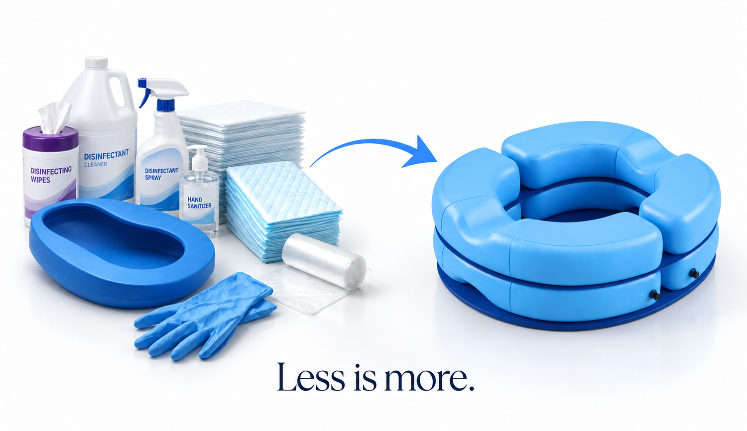 A cart of bedpan cleaning supplies replaced by one MyloPan. Less is more.