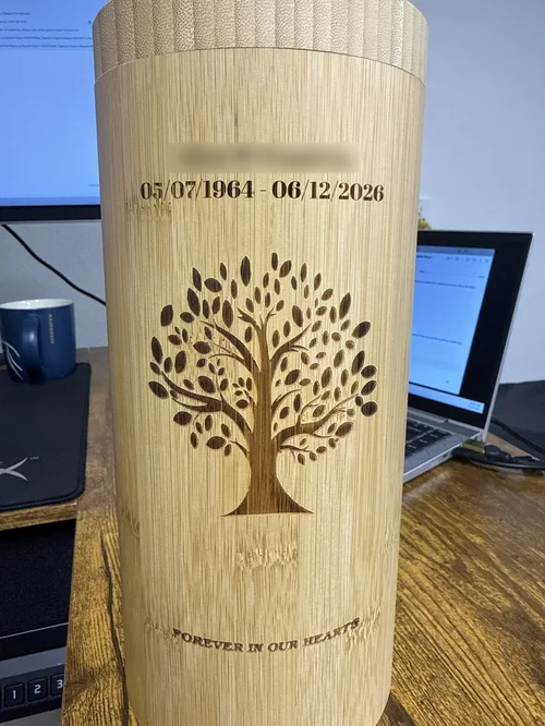 Bamboo urn engraved with a tree of life