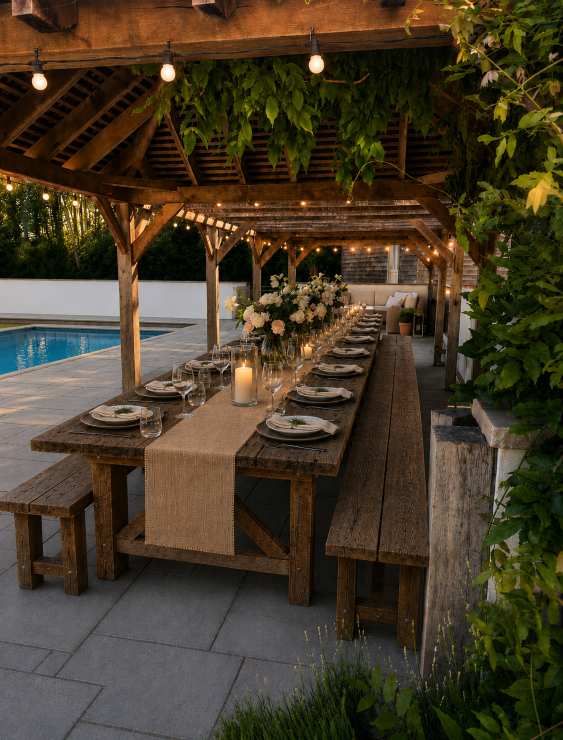 Long dining table set for a group beside the pool at dusk
