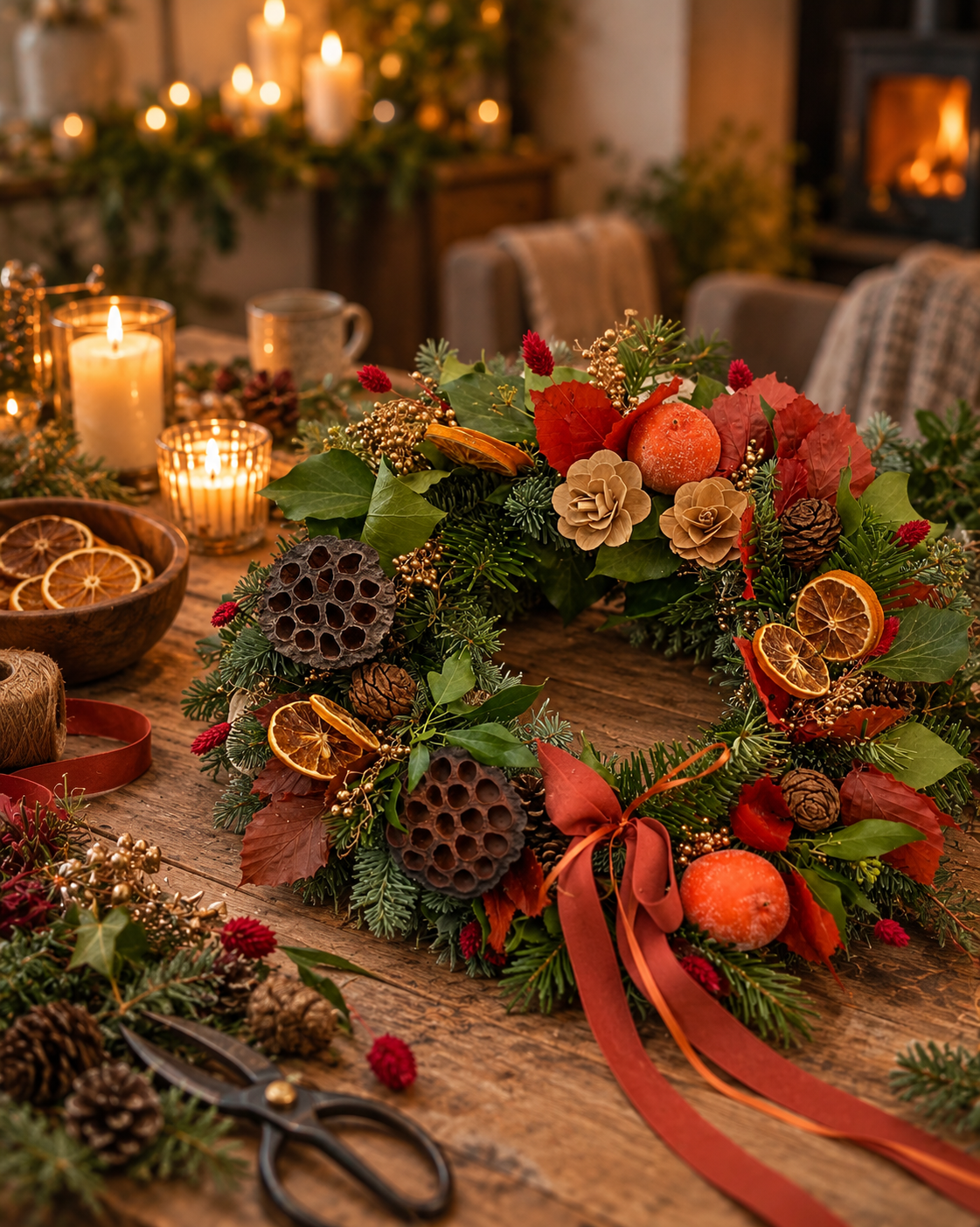 A finished festive wreath of fresh seasonal foliage