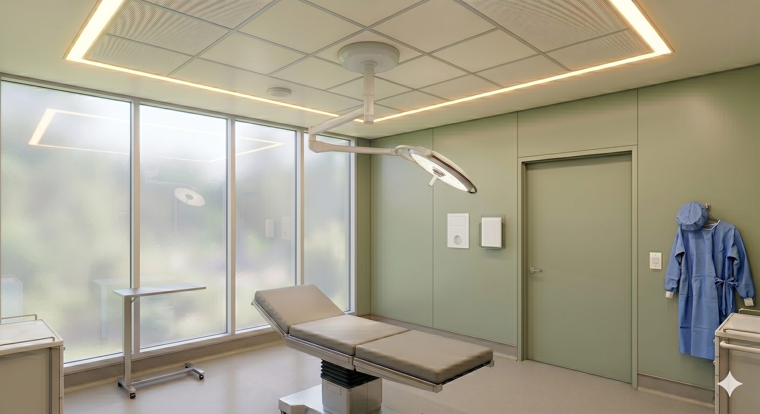 Surgical suite with floor-to-ceiling frosted windows