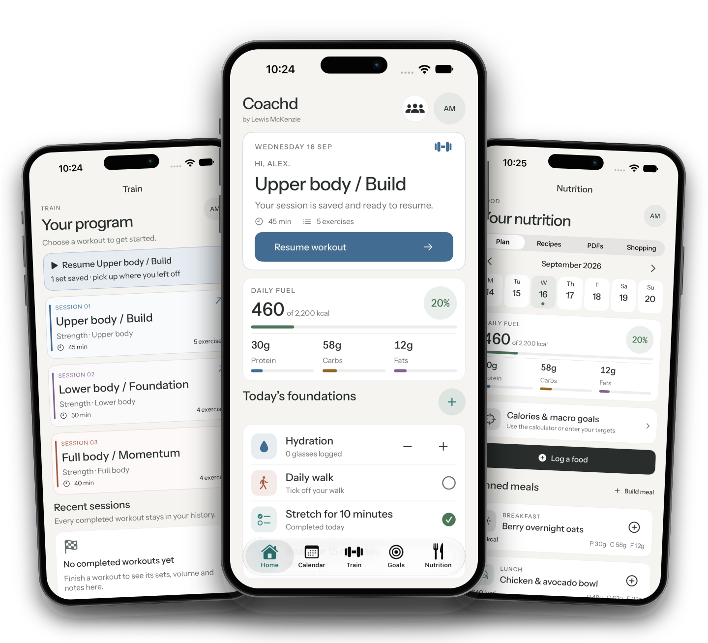 Actual Coachd sample screens showing training, daily overview and nutrition