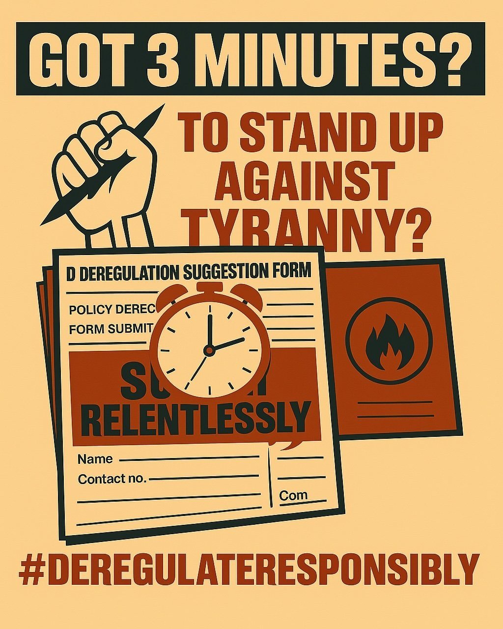 A wall of redacted documents and government forms, with bold text asking: Got 3 Minutes?