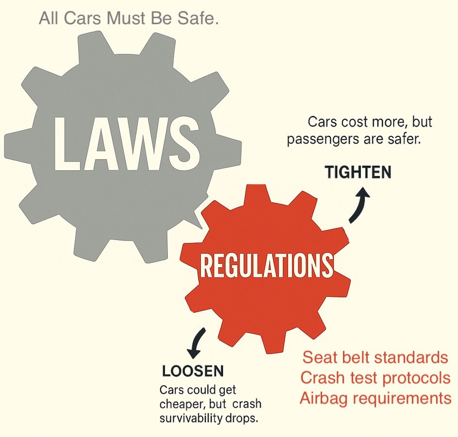 Red and grey gears labeled Laws and Regulations