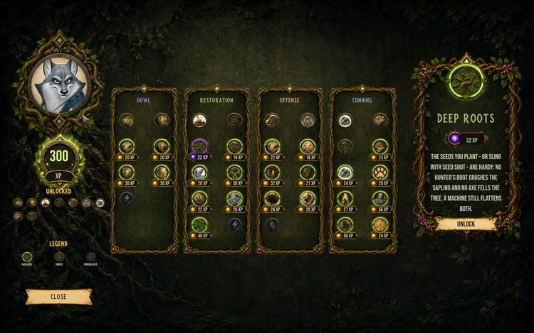 In-game screenshot: choosing the Wolf's Howl ability at a grove