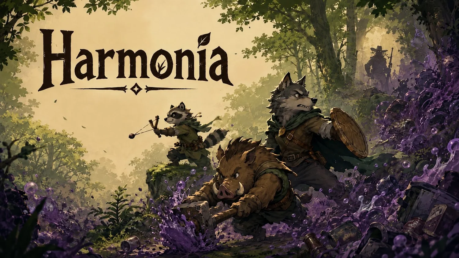 Harmonia key art: Raccoon, Wolf and Boar charge through a forest overrun by purple pollution