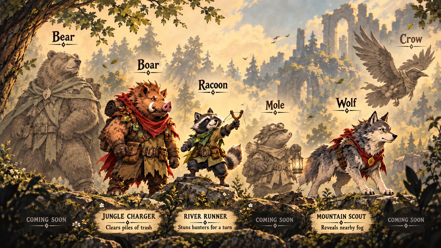 The Harmonia animals lined up. Boar, the Jungle Charger, clears piles of trash. Raccoon, the River Runner, stuns hunters for a turn. Wolf, the Mountain Scout, reveals nearby fog. Bear, Mole and Crow are coming soon.