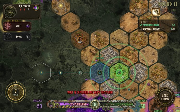In-game screenshot of the hex board with the Raccoon, Wolf and Boar party