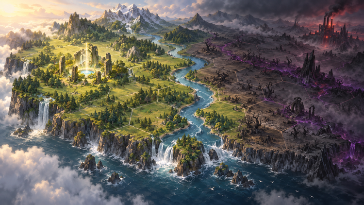 A lush green valley on one side of a river and a polluted, dying land on the other