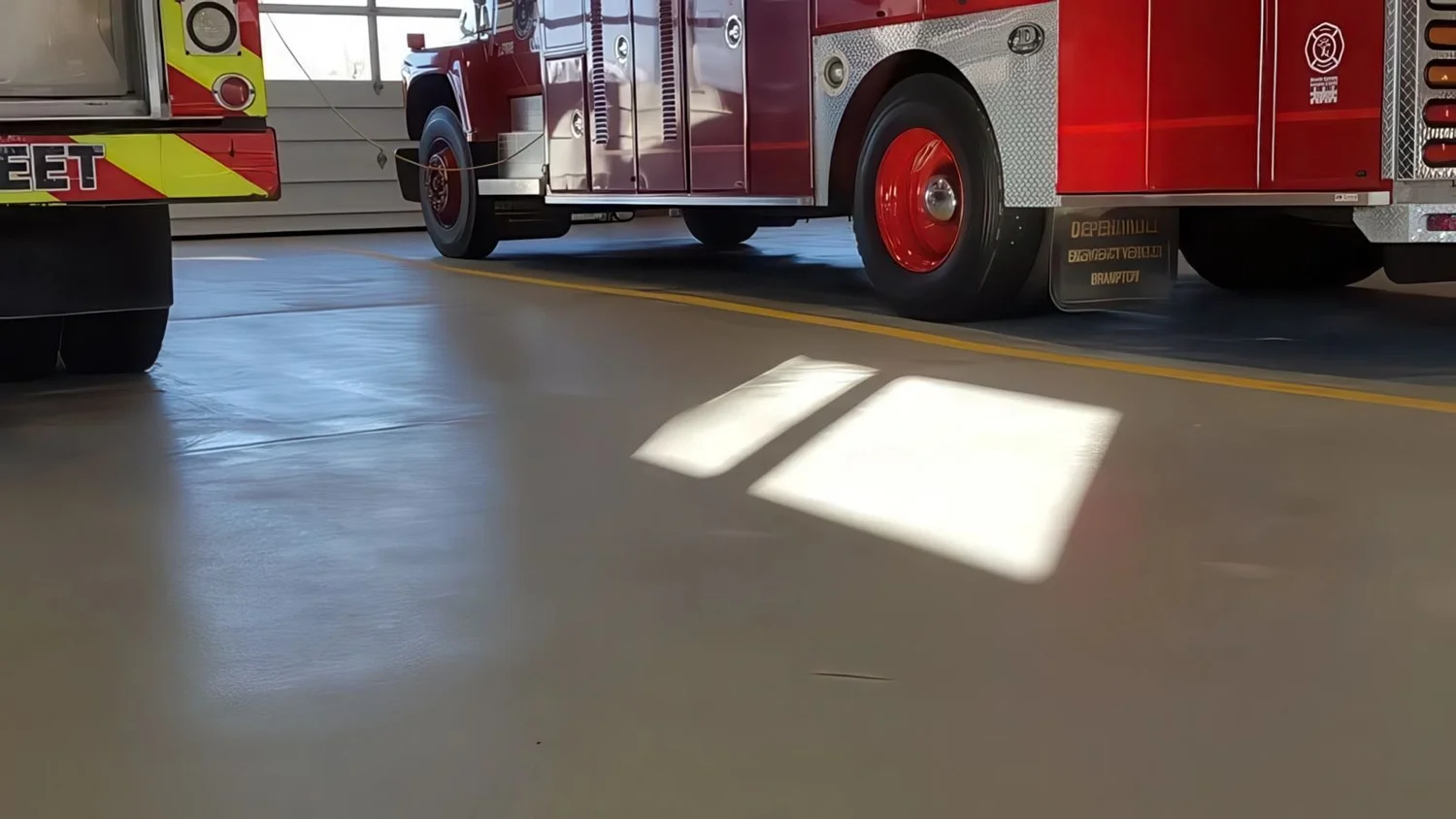Coated fire station apparatus bay floor with fire engine