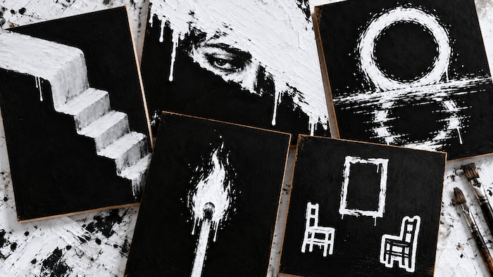 Five black-and-white acrylic paintings from The Work of Becoming: stairs, a hidden face, a moon, a lit match and two chairs