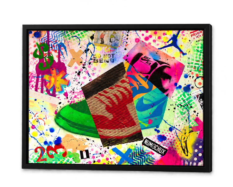 Colorful Jordan 1 mixed media collage from Sole Riot in a black frame