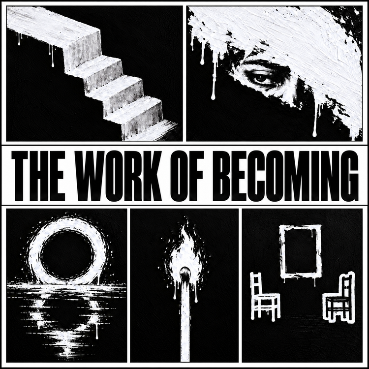 The Work of Becoming: five black-and-white paintings framed around the collection title, a staircase, a face, a circle over water, a lit match, and two chairs with a mirror