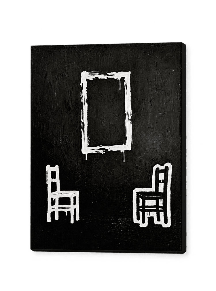 The Unfinished Self: white acrylic mirror and two chairs on a black panel
