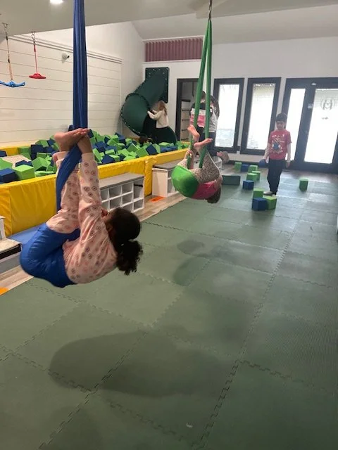 Kids hanging on aerial silks at indoor playground summer camp Phoenixville PA