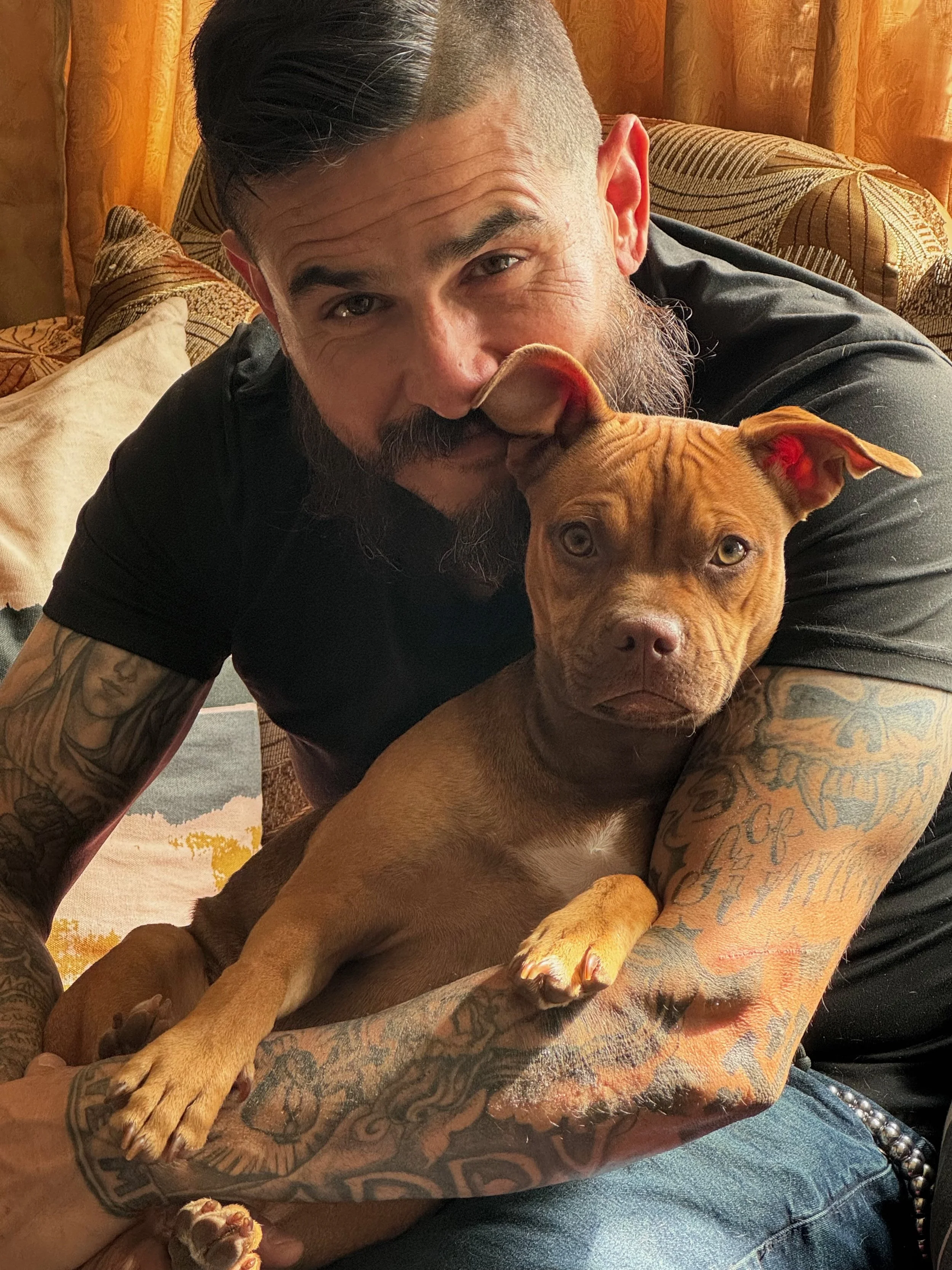 Man at home holding a brown puppy