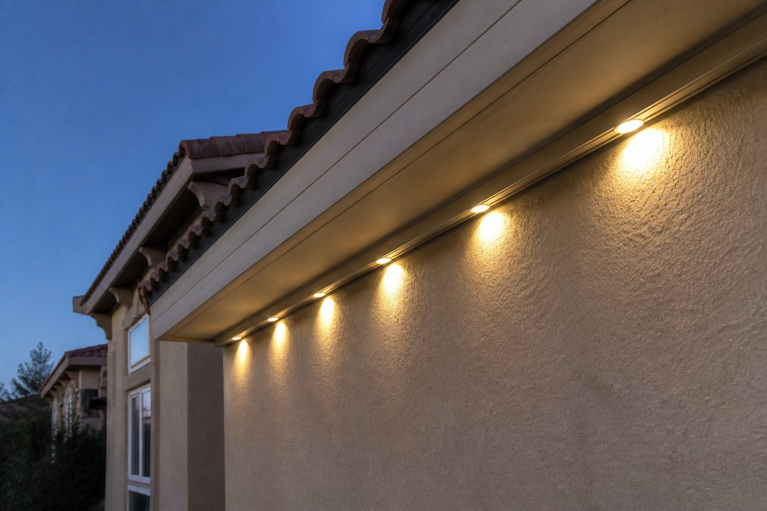 Concept example of paint-matched permanent lighting track under a stucco eave
