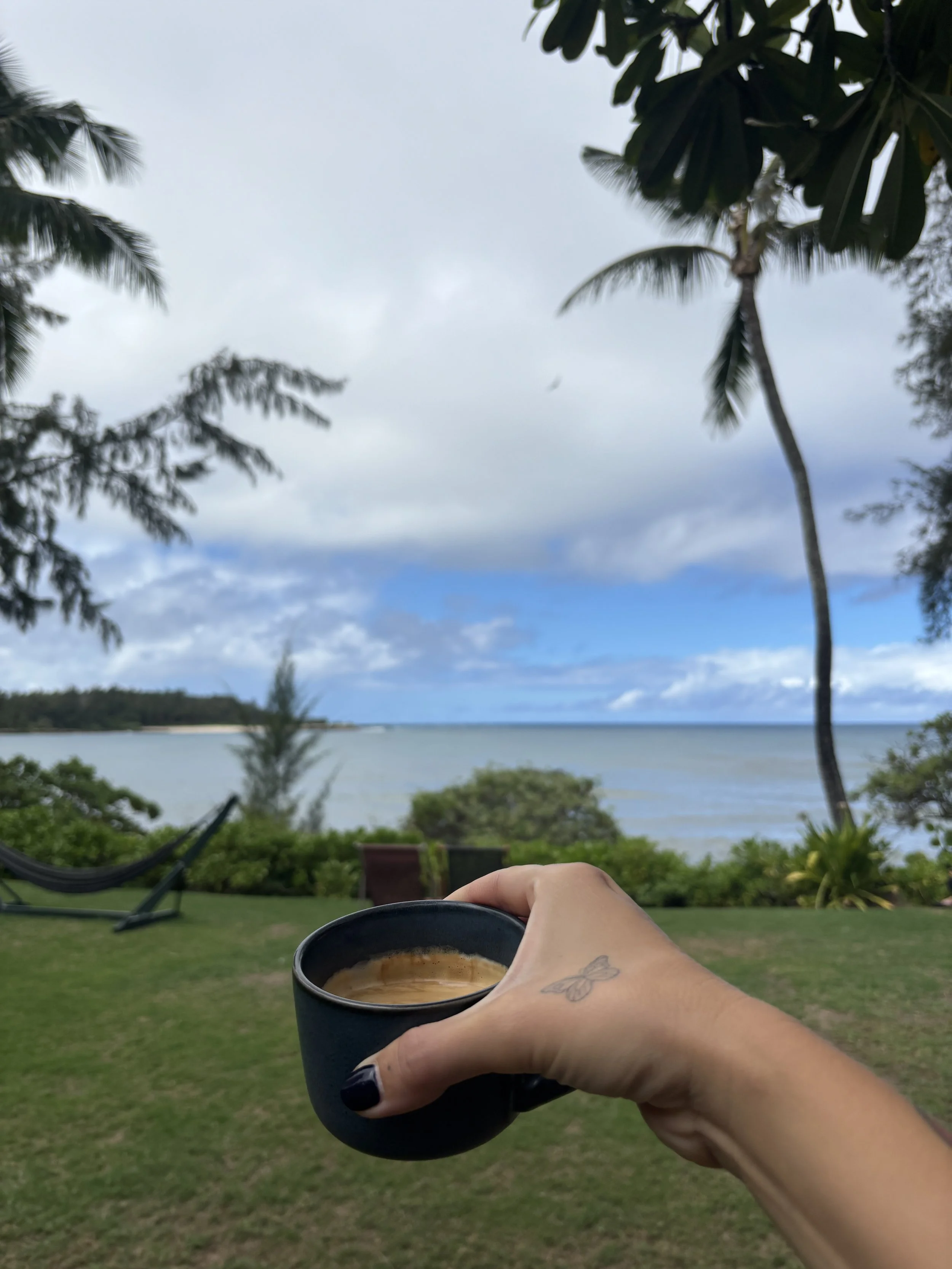 A hand holding morning coffee overlooking the ocean and palm trees