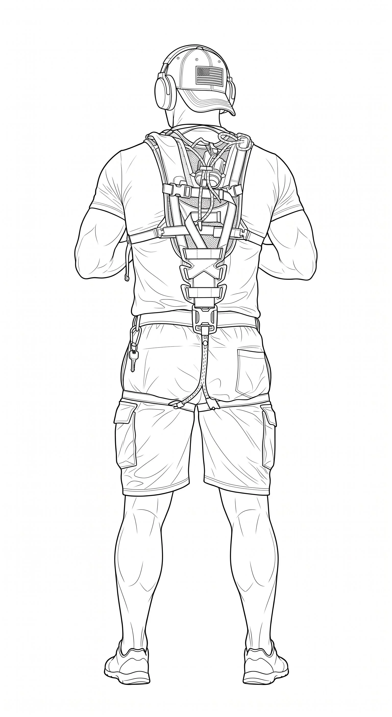 Line drawing of a person seen from behind, wearing the NORA exoskeleton