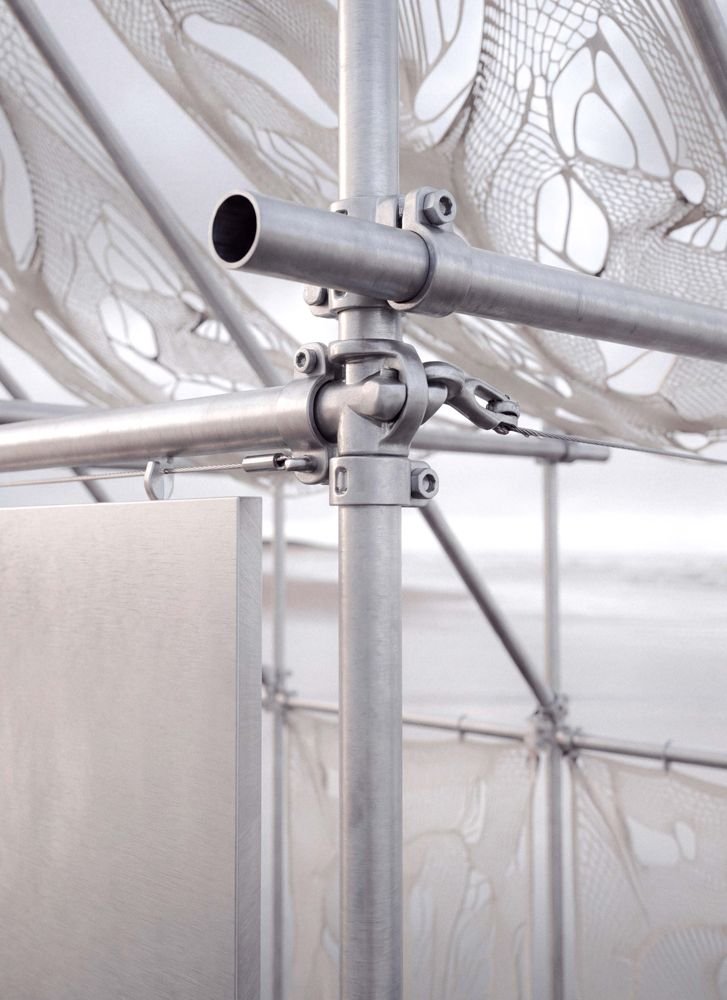 Scaffolding clamp detail with net skin