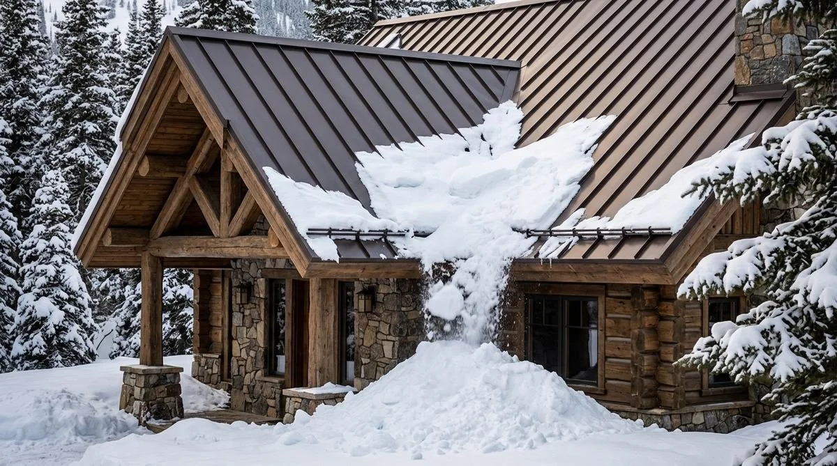 Metal roofing on a Montana cabin in winter